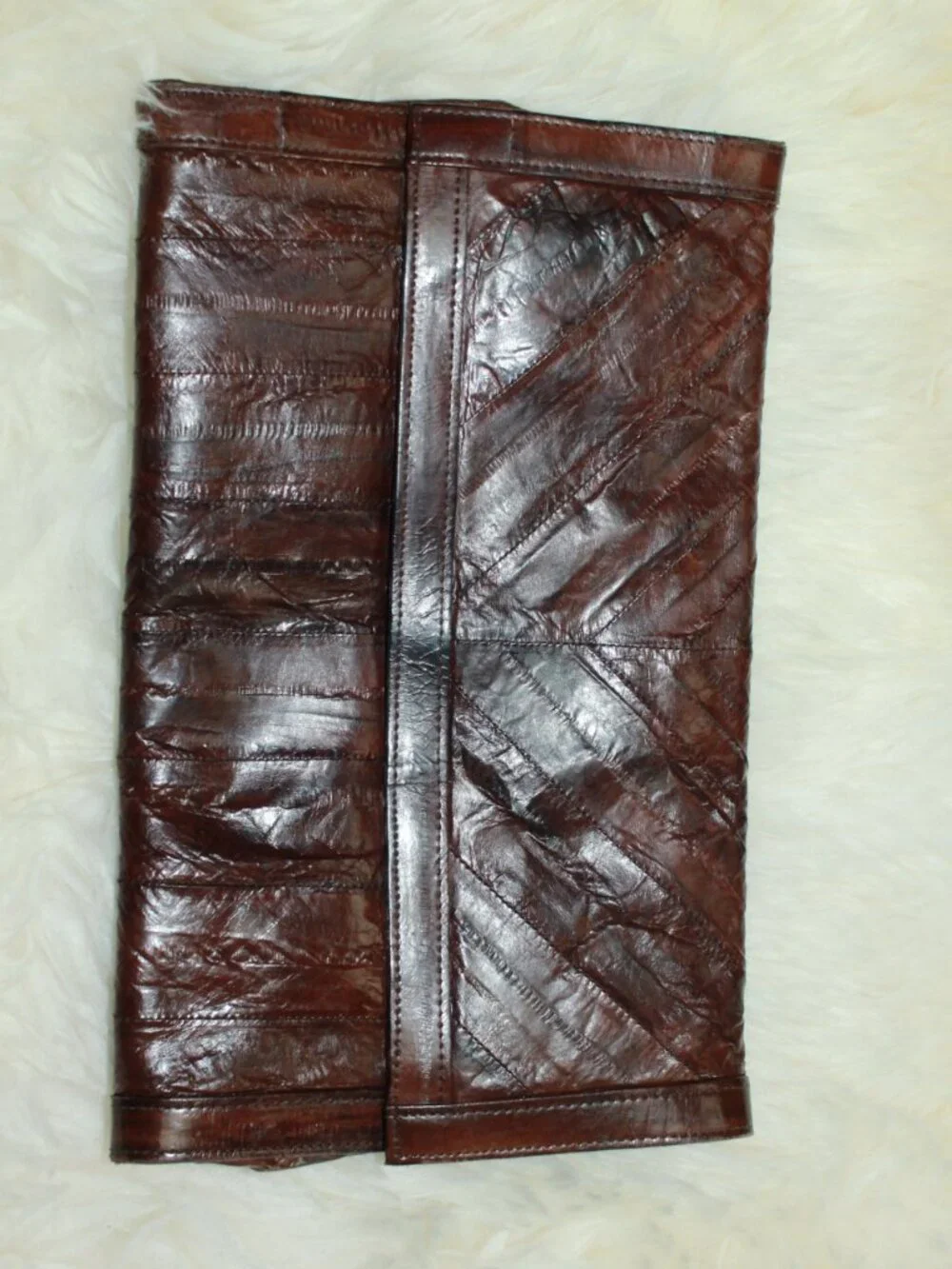 Genuine Eel Skin Burgundy Snap Flap Zip Pockets Organizer Clutch Purse - Vintage